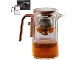 Magische Glazen Theepot 800 Ml met Zetgroep en Deksel - Houten Handvat - Press Control - Waterscheiding - Theepot 2 in 1