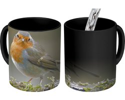 Magische Mok - Foto op Warmte Mokken - Koffiemok - Roodborstje - Water - Mos - Magic Mok - Beker - 350 ML - Theemok