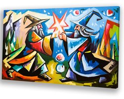 Magische strijd tussen tovenaars - Magie canvas schilderijen - Canvas tovenaars - Kubisme - Interieurdecoratie - Muur kunst - canvas 70x50 cm