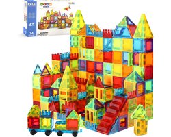 Magnetic Tiles - Speelgoed - Magnetische Tegels - Educatief & Constructie - Montessori - 74 Stuks - Bouwstenen - Blokken - Voor 3, 4, 5, 6, 7, 8, 9 Jaar - Bouw je Magna Wereld - Kinderen - Olvy