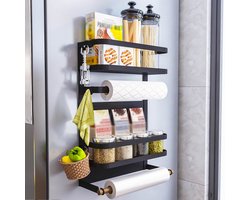 Magnetisch Multifunctioneel Rek - Magnetisch keukenrek - Zwart & Hout - Ophangen zonder boren -  2-laags met Magneten en Schroefjes - Wandgemonteerde KeukenRolhouder - Magnetisch koelkastrek - Magnetisch wasmachine rek - Kruidenrek