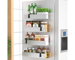 Magnetische Kruidenrekken - Koelkast Organizer - Keuken Opbergen - Echt Sterke Magneet - 4 Planken - Zilver