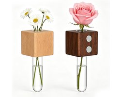 Magnetische Reageerbuisvaasjes - Set van 2 Houten Koelkastmagneten met Glazen Reageerbuizen - Hydroponisch Propagatiestation - Licht en Donker Hout