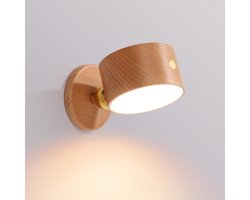 Magnetische wandlamp - Oplaadbare lamp van beukenhout, 360° draaibaar en dimbaar, geschikt voor appartementen, kunstwerken en lezen (geen bedrading nodig, doe-het-zelf installatie).