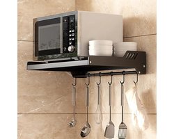 Magnetronrek voor aan de muur - Zwarte opbergplank met haken voor keukenapparatuur