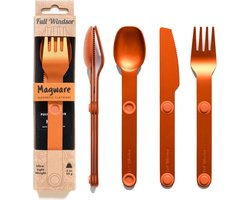 Magware Magnetische Camping Bestekset Oranje - Draagbaar Herbruikbaar Metalen Reisbestekset met Etui voor Kamperen, Picknick, Mes, Vork en Lepel