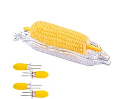 Maiskolf Houder - 6-Delige Set - Inclusief 2 Maïsschalen + 4 Maïssteunen - Mais Prikkers - Mais Houders - Spiesen - 27 X 8.7 Cm - Geschikt Voor Barbecues, Picknicks, Kamperen En Thuisgebruik - Transparant En Geel