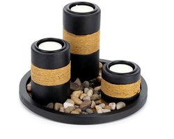 Maison Elara Waxinelichthouderset met dienblad en siersteentjes - Ø 19,5 cm - Zwart - Tafeldecoratie voor woonkamer en eetkamer