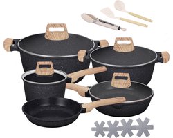 Maison & Kitchen - 16 delige pannenset inductie PFAS vrij - Zwart met natural pannen