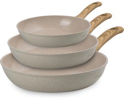 Maison & Kitchen - Koekenpan Inductie Koekenpannenset PFAS vrije BIKO serie - 3 delig - Ø 20, 24 & 28 cm - koekenpannen - Beige grijs japandi