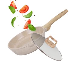 Maison & Kitchen - Wokpan inductie met Deksel (frypan) - 28 Cm - Diepe braadpan voor alle warmtebronnen - PFOA PFAS Vrij - Wokpannen - Beige