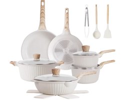 Maison Luméa® 17-delige Granieten Pannenset – Wit met Houten Handgrepen – Geschikt voor Inductie, Gas, Keramisch & Elektrisch – Luxe Japandi Stijl – PFAS-vrij Anti-aanbaklaag