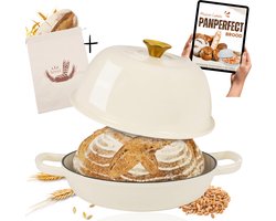 Maison Luméa Gietijzeren Broodbakpan / Broodbakbol Ø 24 cm – 4,6L Dutch Oven met Deksel – Emaille – Voor Ambachtelijk Brood, Stoofschotels & Pizza – Inclusief Katoen-Linnen Broodtas & Gratis Recepten e-Book – Oven & Inductie – Crèmekleur