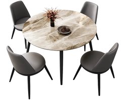 Maison Nordique - Eettafel - Eettafel rond - Eettafels - Marmer look - MDF - Diameter 80cm - Zwarte poten - 4 stoelen - Grijs