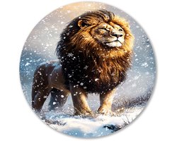 Majestueuze leeuw in de sneeuw - Leeuw schilderij rond - Wandobject rond dieren - Hyperrealisme - Wandcirkel schilderij - Kinderkamer muurkunst - Muurcirkel aluminium 60x60 cm