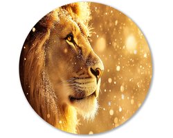 Majestueuze leeuw in gouden sneeuw - Leeuw wandcirkel - Wandobject rond dieren - Hyperrealisme - Industriële muurcirkel aluminium - Vintage wandkunst - Muurcirkel aluminium 80x80 cm