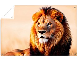 Majestueuze leeuw met gouden manen - Leeuw tuindecoratie - Tuinkunst dieren - Hyperrealisme - Muurdecoratie buiten - Tuin schilderij - tuinposter 105x70 cm