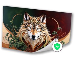 Majestueuze wolf met bladeren - Wolf wanddecoratie - Wanddecoratie dier - Art Nouveau - Poster retro - Woonkamer accessoires - poster 100x70 cm