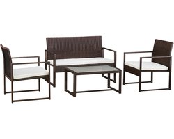 MAJORQUE tuinmeubelset in bruin gevlochten kunststof - 4 zitplaatsen - ivoorkleurige kussens