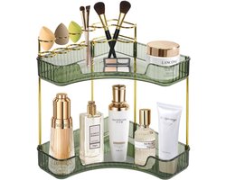 Make-up cosmetische opslag: 2 lagen groene badkamerorganizer hoek make-uporganizer verstelbare kwastenorganizer multifunctionele cosmetische plank voor kaptafel cadeau-idee