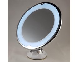 Make-up en Scheerspiegel met LED Verlichting – 10x Vergroting – 360° Verstelbaar met Zuignap -Voor Badkamer, Douche en Slaapkamer– Rond – Wit