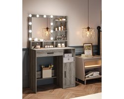 Make-up Kaptafel met LED Spiegel & 10 Dimbare Lampen – 40x80x140 cm, Greige Dressing Table met Lade, Kast, 3 Planken & 4 Open Vakken – Moderne Vanity Tafel