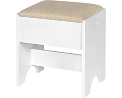 Make-up Kruk - Gestoffeerde Dressing Stoel met Linnen Zitting - 40x30x45 cm - Sterk MDF Frame - Voor Kaptafel, Slaapkamer of Woonkamer - Beige & Wit - Compact & Elegant