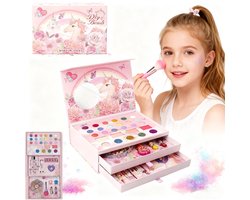 Make up meisje - 3-in-1 Kinder Make-up Set & DIY Kralen Juwelendoos-Make up Doos Meisjes - Inclusief DIY Sieraden Kralen & Kwasten – Afwasbare Kinder Make-up Cadeauset met Spiegel & Opbergkoffer