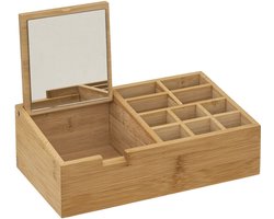 Make-up organizer 11 vakken met spiegel 24,5 x 8 cm van bamboe - Nagellak houder - Make-up houder - Organizers