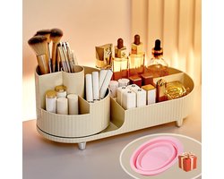 Make-Up Organizer Beige – 360° Draaibare 2-in-1 Cosmetica Organizer Met Compartimenten – Skincare & Badkamer Organizer Voor Make-Uptafel