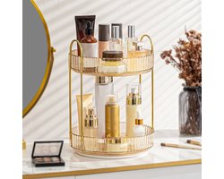 Make-up Organizer Draaibaar 360° 2-Laags – Cosmetica Opberger Amberkleurig met Gouden Frame – Sieraden Parfum & Huidverzorging Organizer – Kaptafel Badkamer Slaapkamer Bureau – PET & Metaal – Luxe Draaibare Opbergrek – Compact Stabiel Design