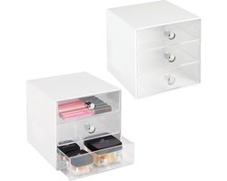 Make-up organizer met 3 lades - Cosmetica-organizer voor slaapkamer en badkamer - Wit en doorzichtig (set van 2)