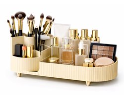 Make-up Organizer met Roterend Vak – Licht Beige / Crème - Cosmetica Opberger – Make-up Opbergdoos – Kwastenhouder – Bureau Organizer – 34,5 x 14,7 x 14,3 cm – Kunststof