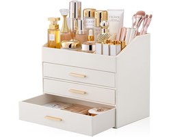 Make-up Organizer voor Vanity Bureau, Luxe 3-Laags PU Leer Make-up Opbergdoos met Lades - Crème Kleur voor Cosmetica en Accessoires