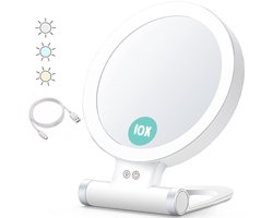 Make-up Spiegel - 10x Vergroting - 18.5 cm - Met LED - 1000 mAh - Vergroot Spiegel - Rond - USB-opladen - Dimbare Tafelspiegel - 3-Kleurige Verlichting - Draagbare Badkamerdouchespiegel - Geschikt voor Thuis, Op Reis en Make-up - Wit
