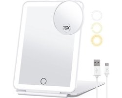 Make up Spiegel - Dimbaar - Make-Up Spiegel Met Verlichting - Scheerspiegel - Folding Travel Makeup Mirror with Lights - Rechargeable LED, 3 Color Options, Dimmable Touch Screen - Wit