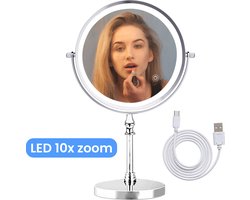 Make Up Spiegel met Led Verlichting - 10X Vergroting - Staande Spiegel Rond - Scheerspiegel Staand - 3 Lichtstanden - Chroom