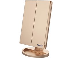 Make-up Spiegel met LED Verlichting - 36 Lampen - Drieluik Spiegel - Vergrotend 1x/2x/3x - Touchscreen Bediening - 180° Draaibaar - USB en Batterij - Goud - Tafelspiegel