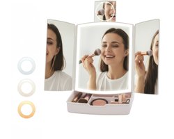 Make-up Spiegel met Verlichting - Opvouwbaar Design - 3 LED Lichtstanden - Make up Organizer - Tafelspiegel - Peach Beauty