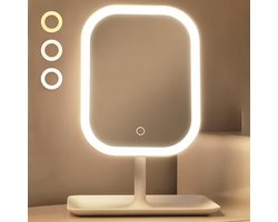 Make-up Spiegel met Verlichting - Reisspiegel LED - 3 Lichtstanden & Dimbaar - USB Oplaadbaar - Opvouwbaar & Compact - Wit