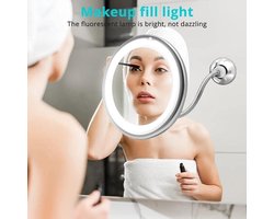 Make-up spiegel met zuignap, 360 graden draaibare flexibele zwanenhals 10x vergrotende spiegel met LED-licht, make-upspiegel voor badkamer kaptafel make-up