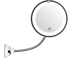 Make-up spiegel met zuignap, 360 graden draaibare flexibele zwanenhals 10x vergrotende spiegel met LED-licht, make-upspiegel voor badkamer kaptafel make-up