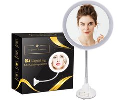 Make up spiegel - Nieuw model - LED Make-up Spiegel met Vergrotende Functie en Flexibele Arm - Vergrootspiegel met zuignap - Make up spiegel met verlichting - 10x Vergroting - Wit