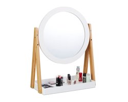 make up spiegel - op standaard - bamboe - draaibaar - tafelspiegel Ø: 32,5 cm - wit-natuur