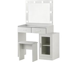 Make-up tafel en kruk set, wit, met make-up tafel van 105×40×140 cm en kruk van 40×24×40 cm, voorzien van spiegel en transparante glazen opbergruimte, stijlvol, strak en modern ontwerp, praktisch en multifunctioneel, geschikt voor slaapkamer.