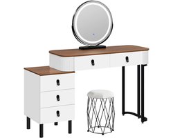 Make-up tafel – Kaptafel – Make-up meubel – Make-up bureau – Variant bruin met kruk – Dimbare 3-stand LED-verlichting – 5 ruime lades van duurzaam MDF
