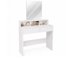 Make Up Tafel – Kaptafel met Spiegel – 2 Lades en 3 Open Vakken – Spiegel van 40 x 53 cm – 80 x 40 x 140 cm – Compact, Geen Stopcontact Nodig – Voor Slaapkamer & Dressing – Wit – Monza Home®