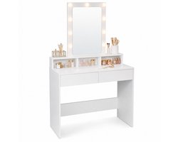 Make Up Tafel – Kaptafel met Spiegel en Verlichting – Hollywood Spiegel met 9 Dimbare LED-Lampen – Extra Breed Werkblad van 100 cm – 2 Lades en 3 Open Vakken – Weggewerkte Bedrading – 100 x 40 x 145 cm – Wit – Monza Home®