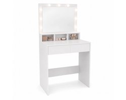 Make Up Tafel – Kaptafel met Spiegel en Verlichting – Hollywood Spiegel over de Volle Breedte – 9 Dimbare LED-Lampen & 3 Lichtkleuren – 2 Lades en 3 Open Vakken – 80 x 40 x 140 cm – Wit – Monza Home®