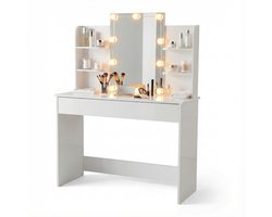 Make-up Tafel – Kaptafel met Spiegel & Verlichting – Lade met 3 vakken - Wit